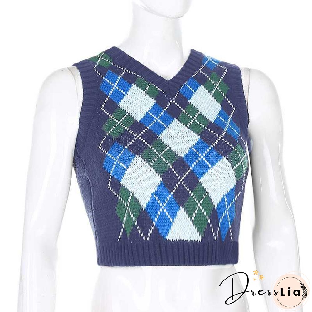 Checkered Cropped Knitted Tank Argyle Sleeveless Jumper