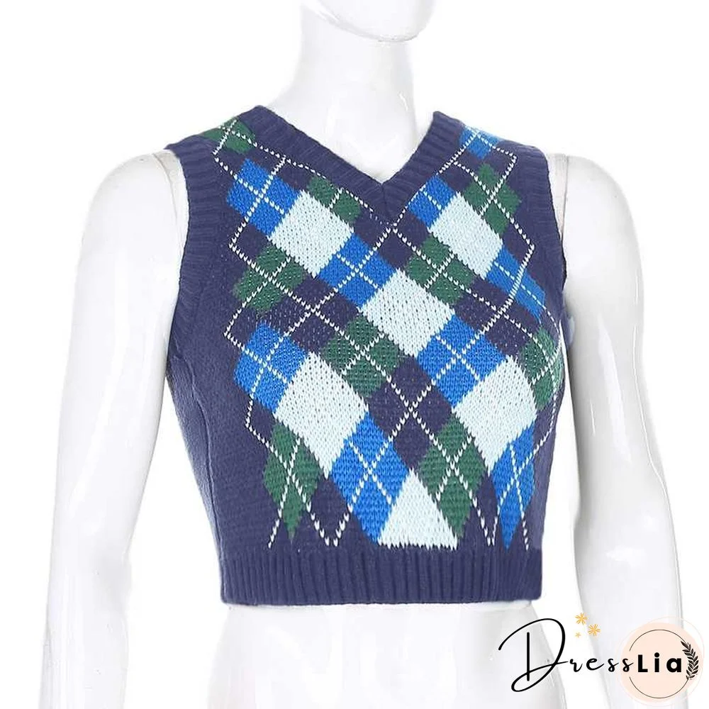 Checkered Cropped Knitted Tank Argyle Sleeveless Jumper