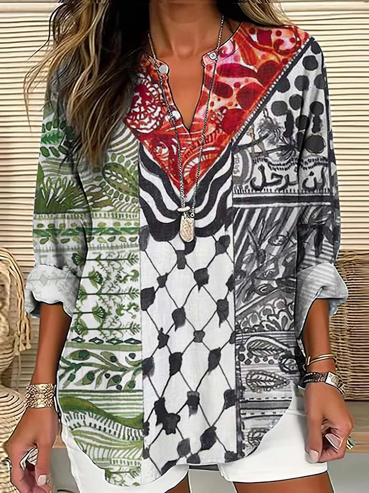 I Hope Peace Forever And Be Freedom Inspired Pattern Linen Blend Cozy Tunic