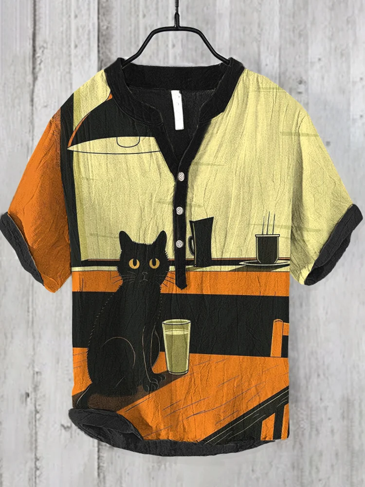 Japanese Black Cat Print Men's Linen V-Neck Shirt