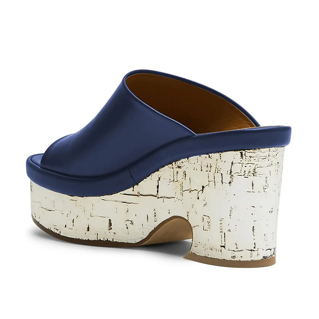 Blue Vegan Leather Round Toe Wide Band Platform Block Heel Mules