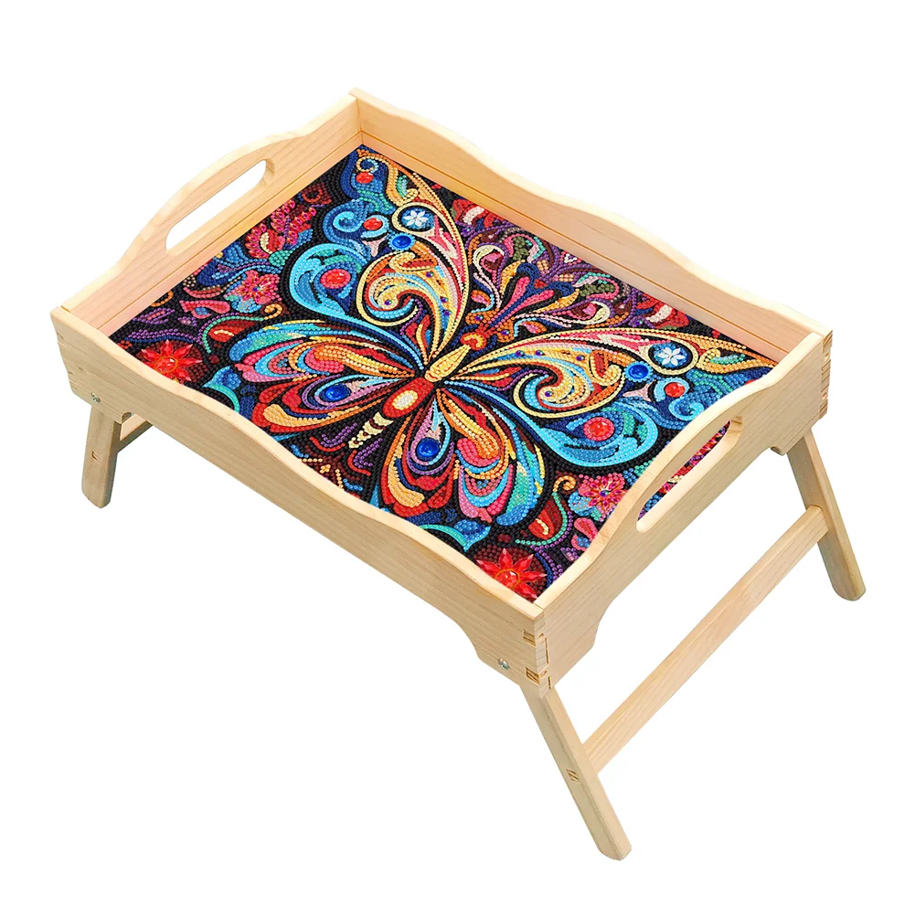 DIY Butterfly Wooden Diamond Painting Dinning Table Tray with Handle for Serving Food