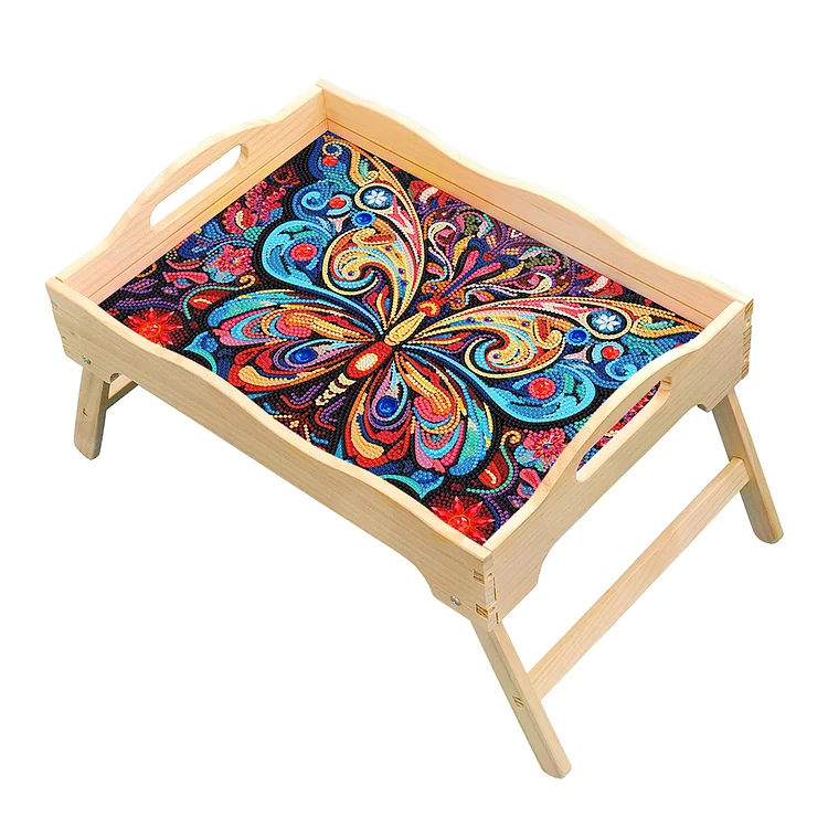 Wooden Mandala Diamond Painting Dinning Table Tray with Handle for Serving Food