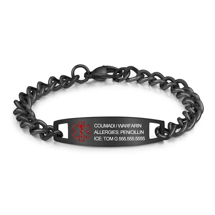 Medical Alert Bracelet for Men Women Kids Stainless Steel Chain Bracelet Waterproof Personalized Emergency ID Bracelets Black