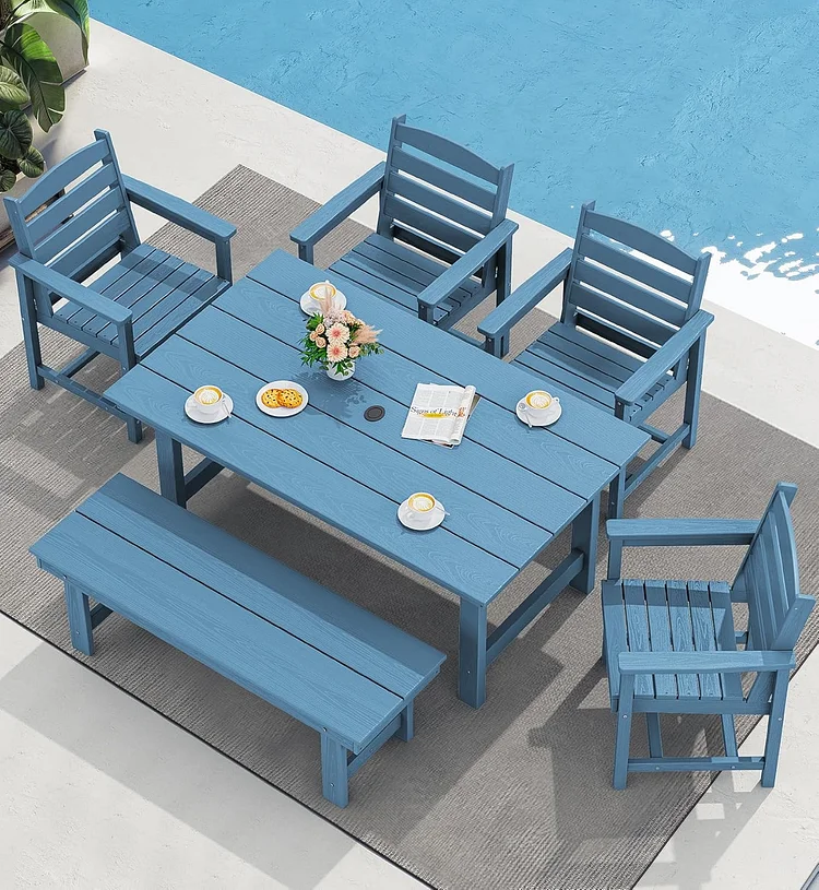 Patio Dining Table and Bench Set for 6, Blue