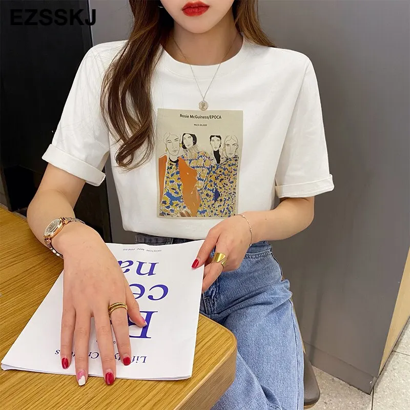 Pure cotton t-shirt women's summer ins short-sleeved 2021 new sanding bottoming shirt  loose printed t-shirt top