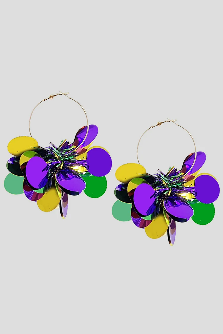 Mardi Gras Multicolor Foil Tassel Disco Sequin Fleur-De-Lis Mask Hoop Earrings 2024 - Xpluswear