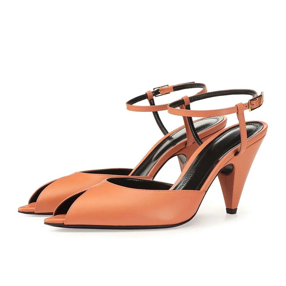 Women's Orange Peep Toe Cone Heel Ankle Strap Sandals with Buckle