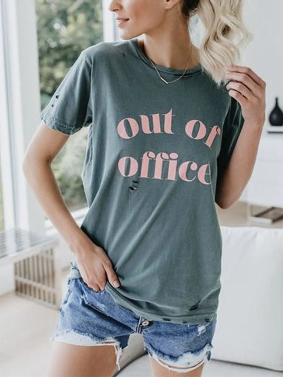 OUT OF OFFICE Round Neck Short Sleeves Worn Out T-shirt