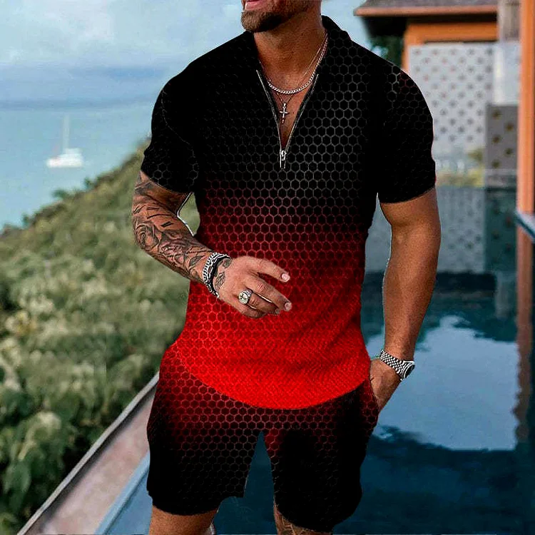 BrosWear Black Red Geometry Print Polo Shirt And Shorts Co-Ord