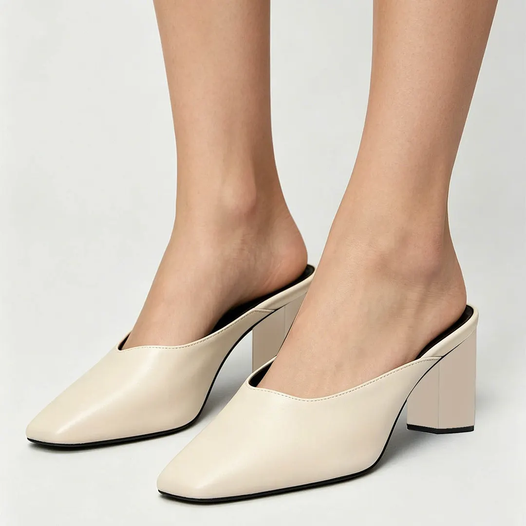 Casual Beige Slip On Square Toe Block Heel Mules for Women