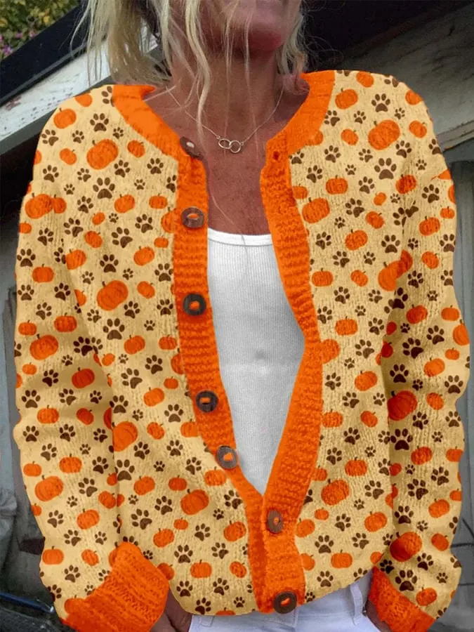 Women's Thanksgiving Pumpkin Dog Paws Pattern Knit Cardigan 