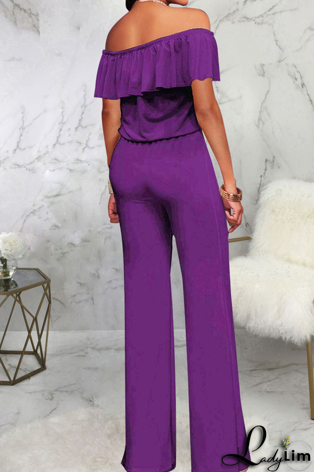 Grey Casual Solid Patchwork Flounce Off the Shoulder Straight Jumpsuits