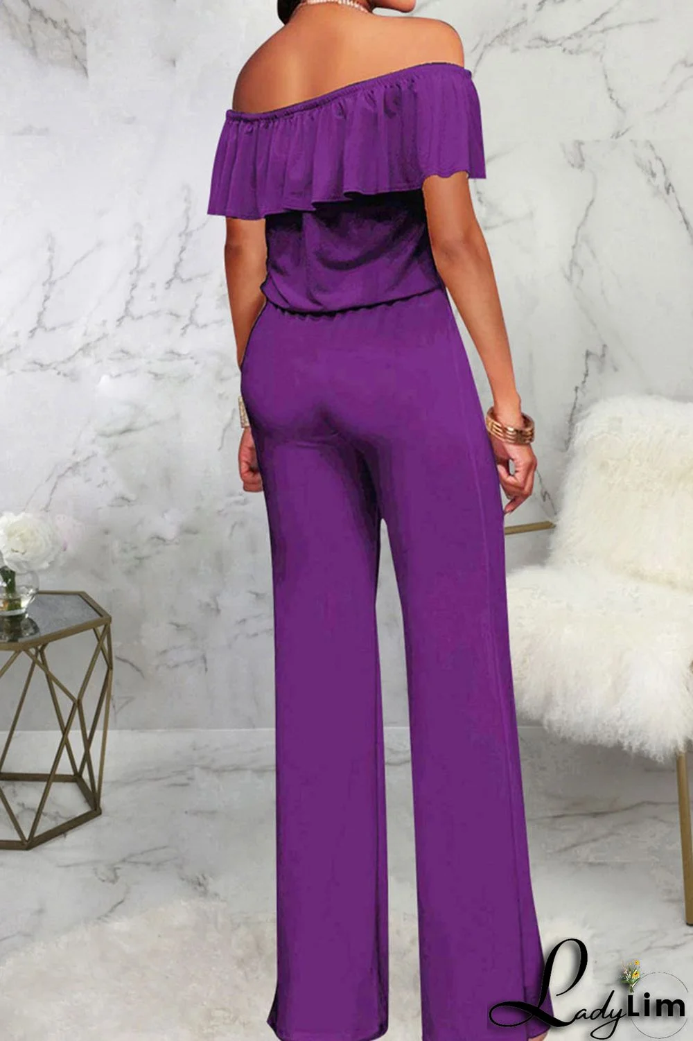 Grey Casual Solid Patchwork Flounce Off the Shoulder Straight Jumpsuits