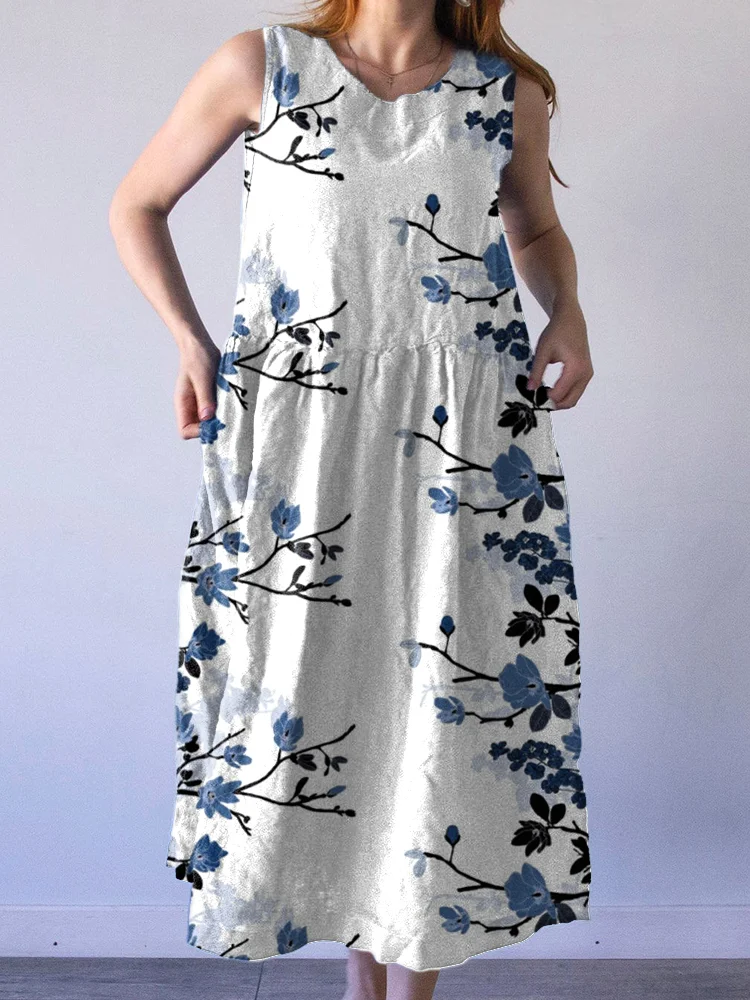 Blue Floral Print Linen Blend Sleeveless Dress