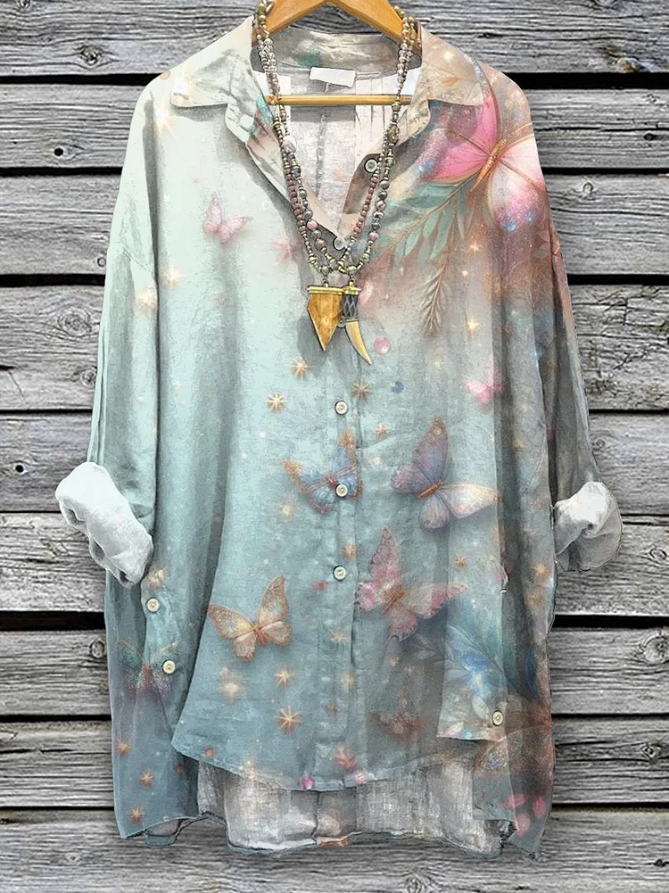 Women's Pretty Butterfly Print Casual Cotton And Linen Shirt