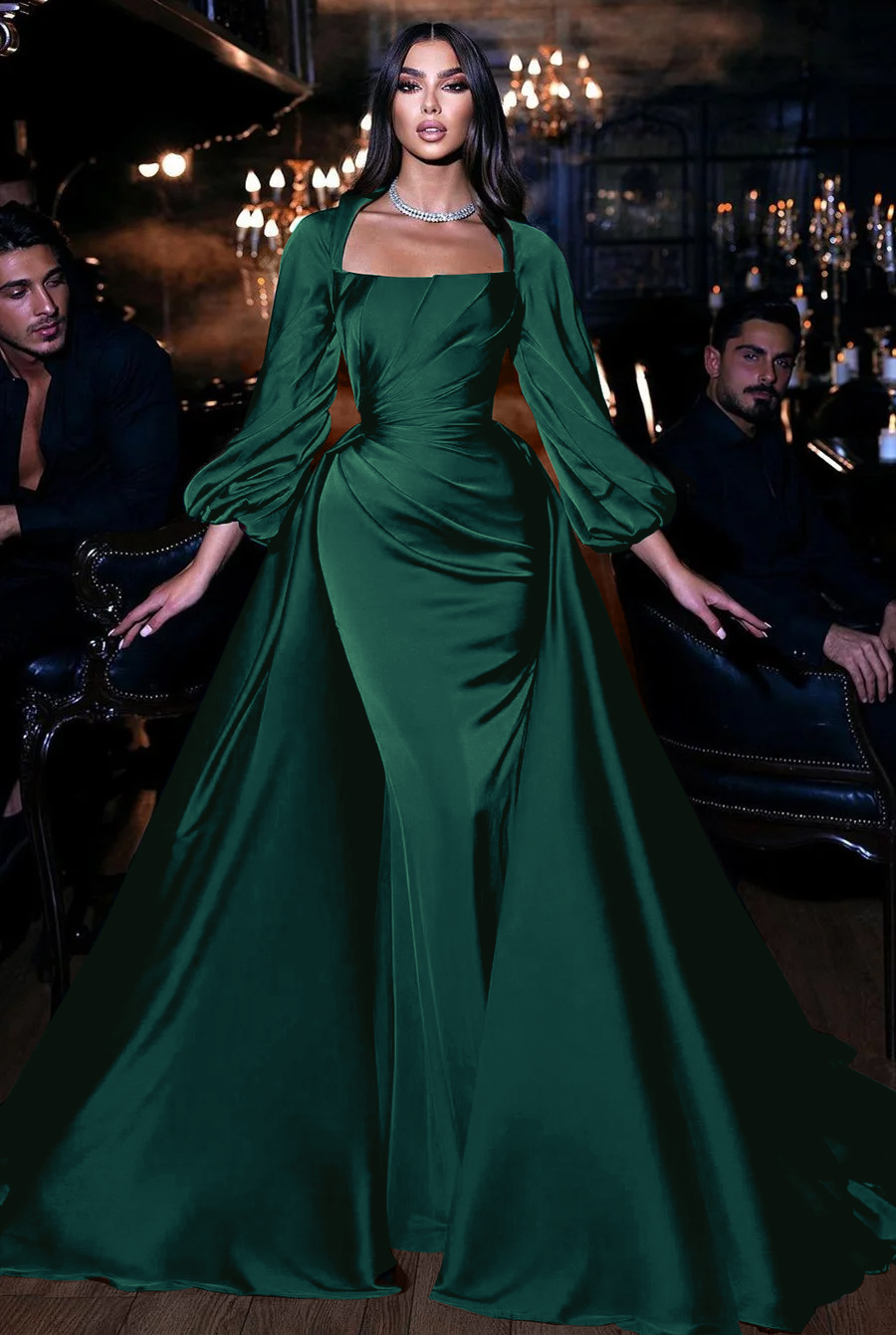 Hidais Square Emerald Long Sleeves Pleated Long Mermaid Prom Dress With Ruffles