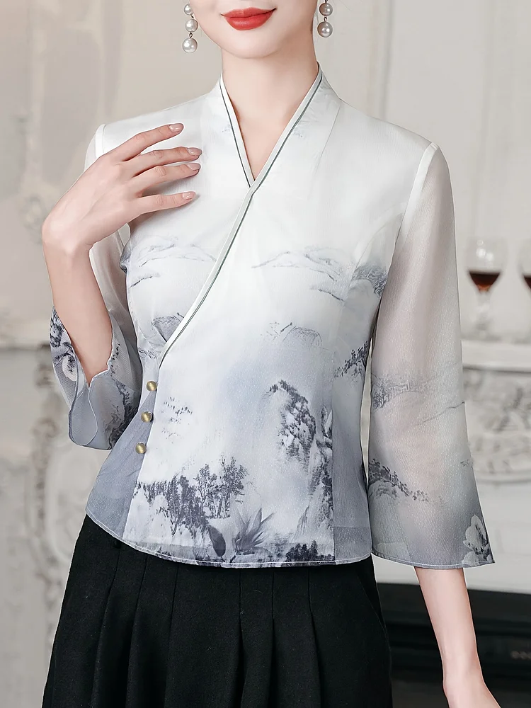 Traditional Chinese Ink Ancient Style V-Neck Tang Suit | Seven-Point Sleeve Simple Women's Wear New Jacket For Spring And Summer