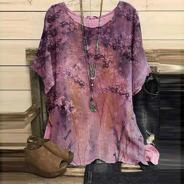 Floral Print Round Neck Loose Retro Cotton Linen Tops