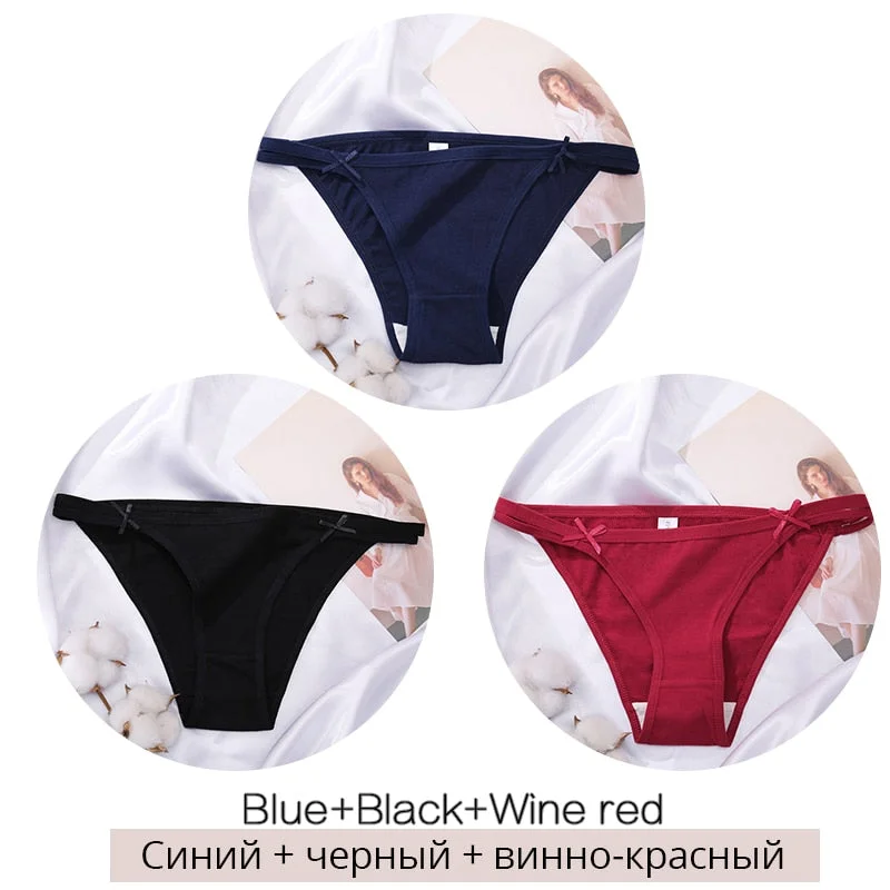 FINETOO M-2XL Bow Cotton Panties 3Pcs/set Women Briefs Girls Plus Size Underpants Low-rise Hollow Underwear Female Lingerie 2021