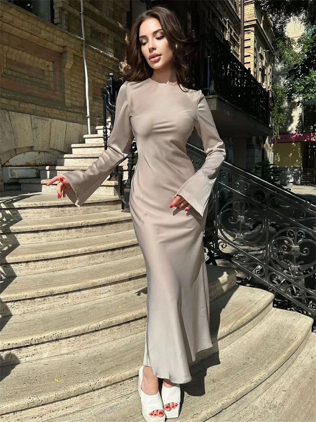 Oocharger Solid High Waist Fashion Maxi Dress For Women Long Sleeve Patchwork Slim Elegant Party Dress Autumn 2024 Female Long Dress