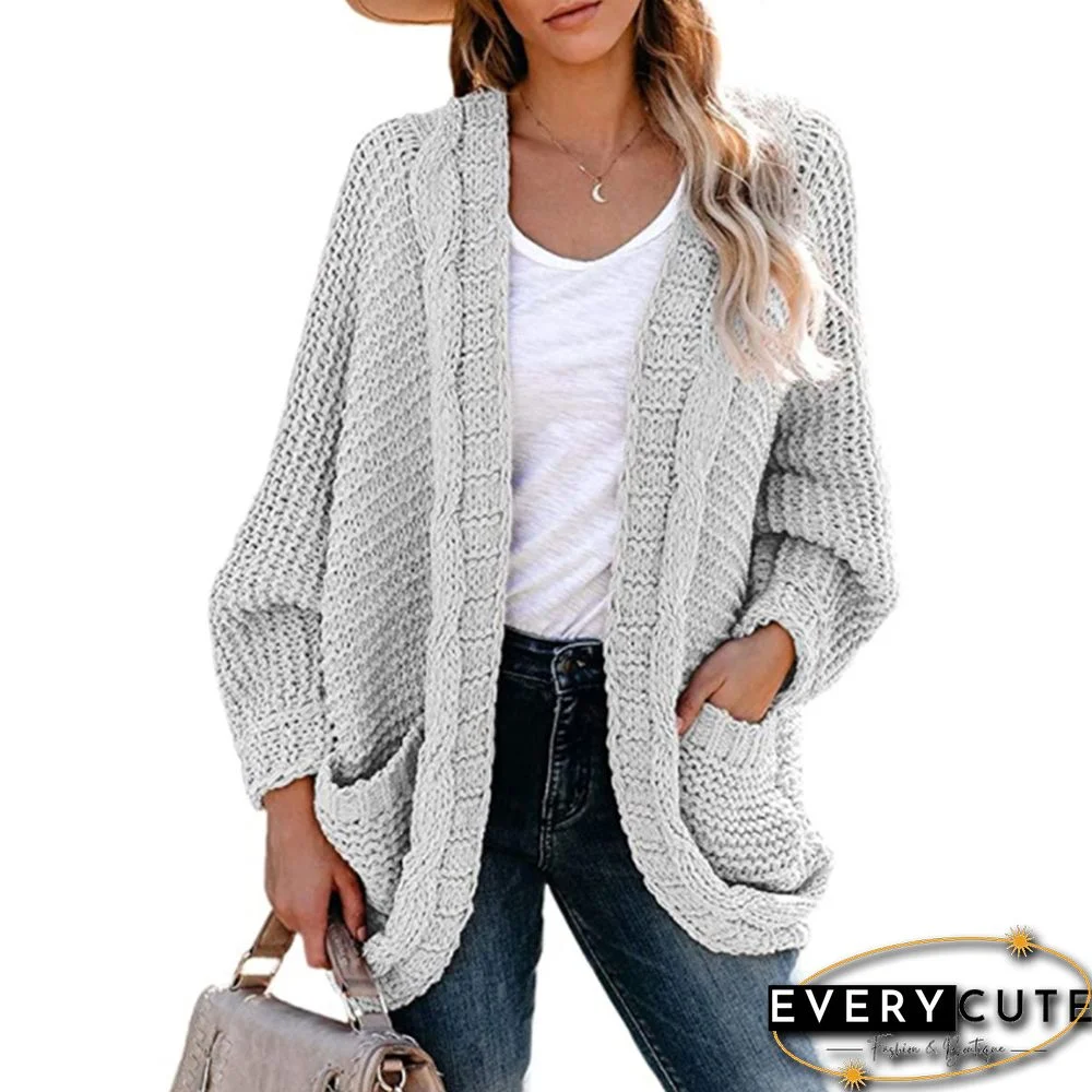 Light Gray Chunky Wide Open Front Knit Cardigan