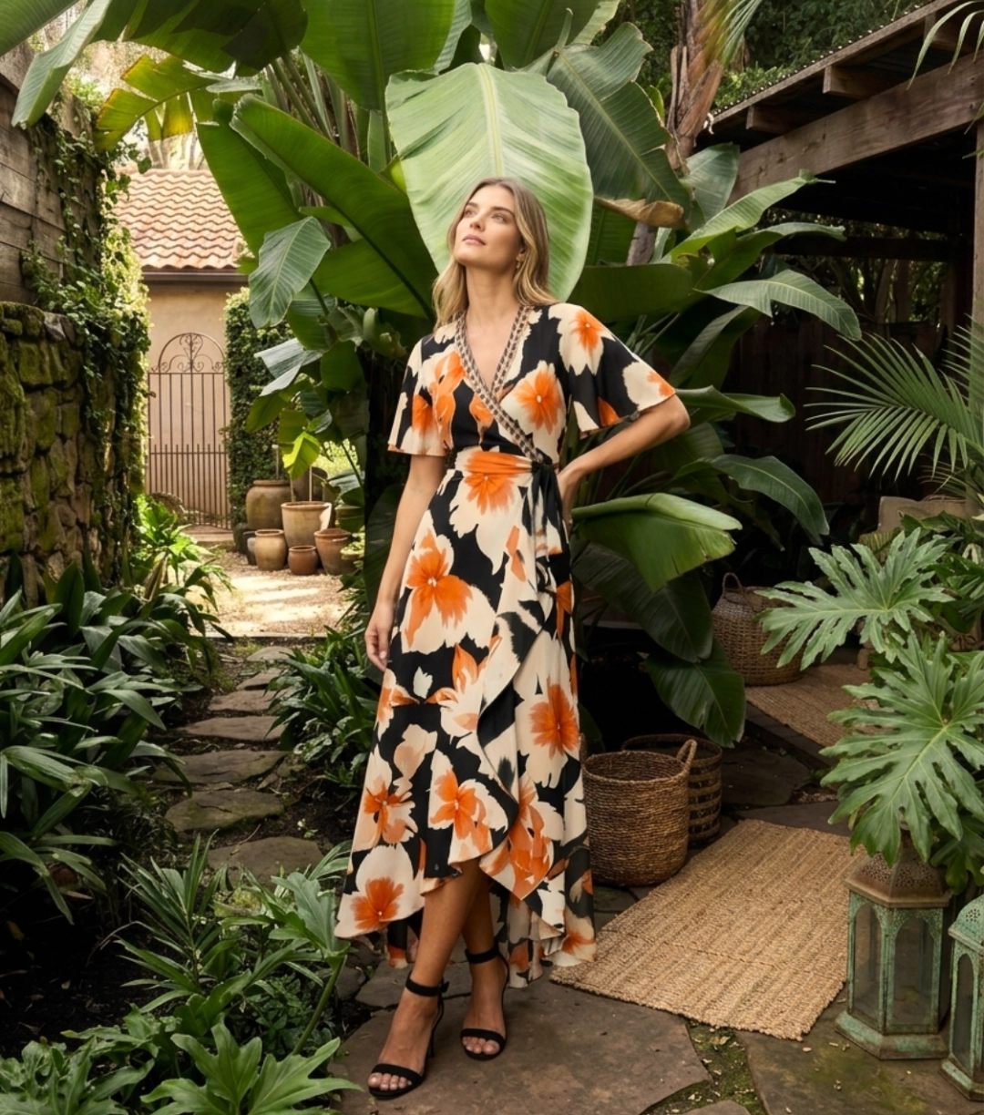 Magnuspeter-Orange Floral Print Flutter Sleeve Belted Wrap Ruffle Midi Dress Magnuspeter-Orange Floral Print Flutter Sleeve Belted Wrap Ruffle Midi Dress