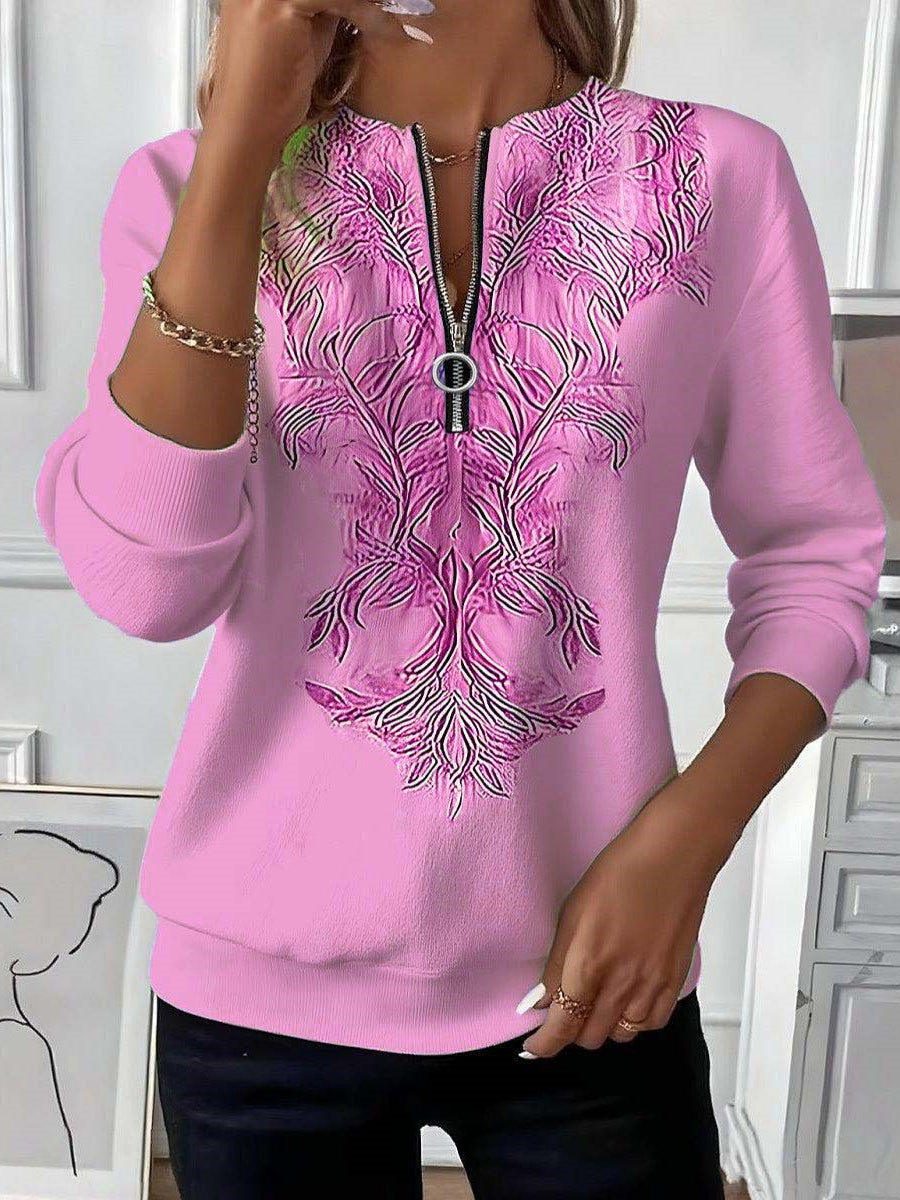 Women Long Sleeve Scoop Neck Floral Printed Graphic Zipper Tops