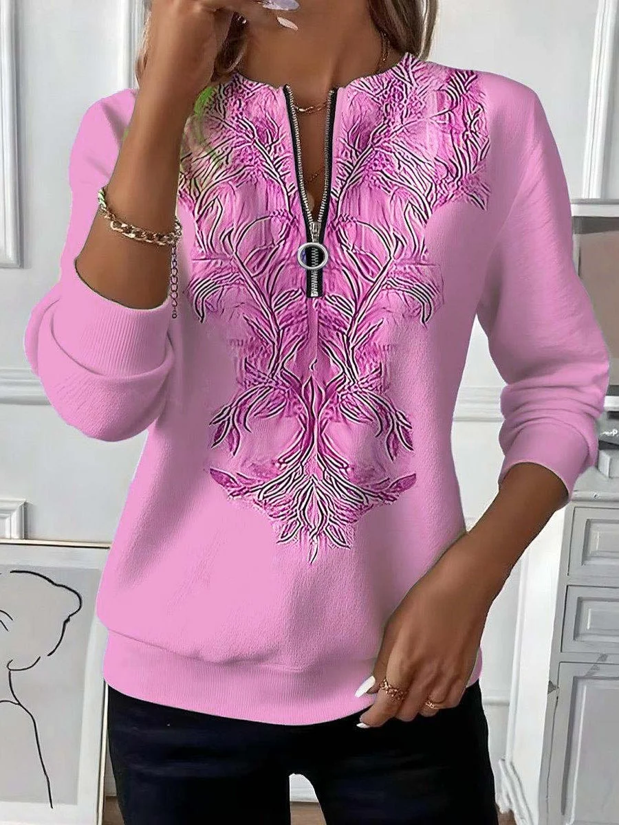 Women Long Sleeve Scoop Neck Floral Printed Graphic Zipper Tops