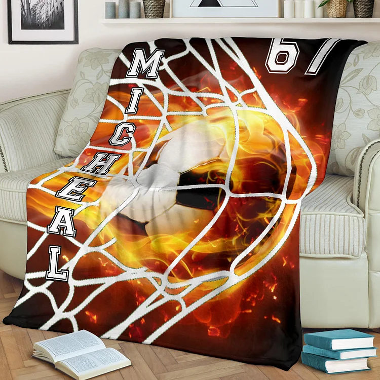 Personalized Soccer Blanket, Soccer Goal Fireball Lover Gift Sherpa Fleece Blanket | BKKid534