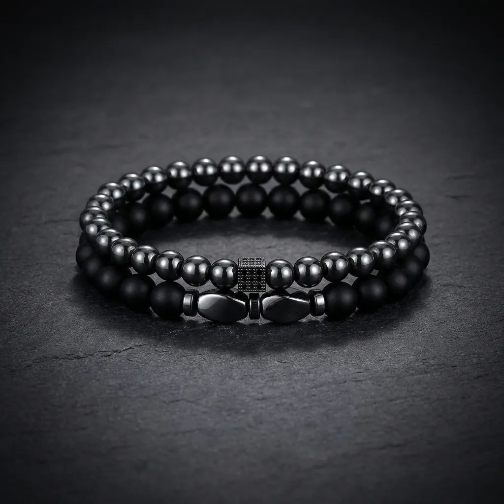 JiStones | Midnight Hematite & Zircon Pave Dice Bracelet Set Midnight Chrome & Matte Black Set