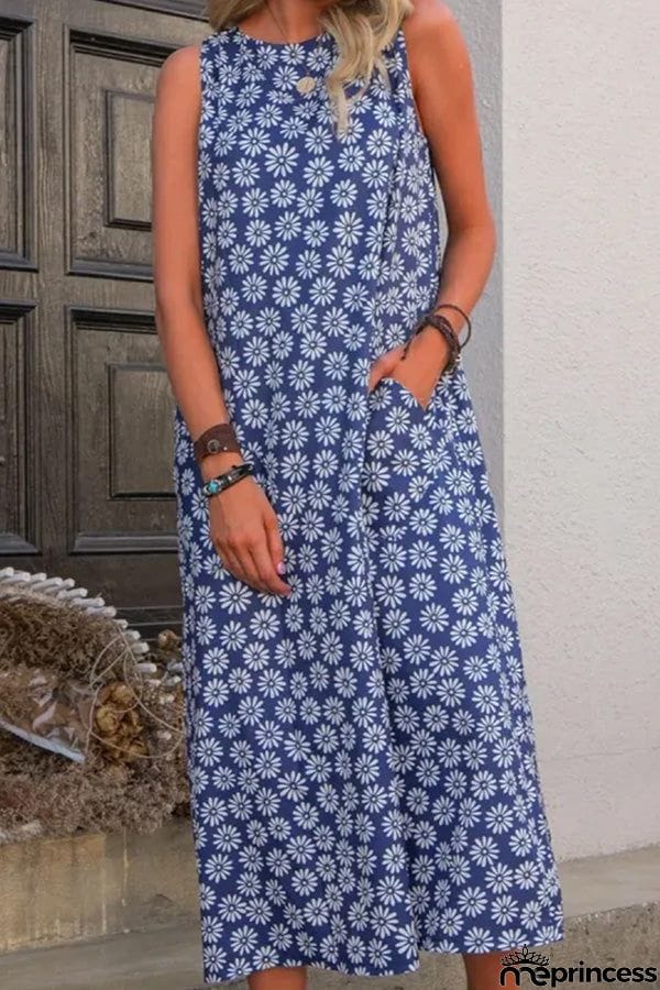 Printed Sleeveless Round Neck Midi Dress