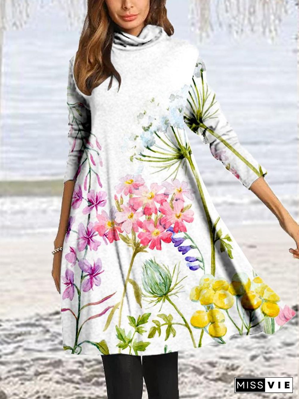 Women Long Sleeve Scoop Neck Printed Midi Dress