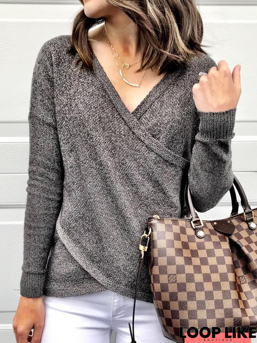 Casual Knitted Long Sleeve V Neck Sweater