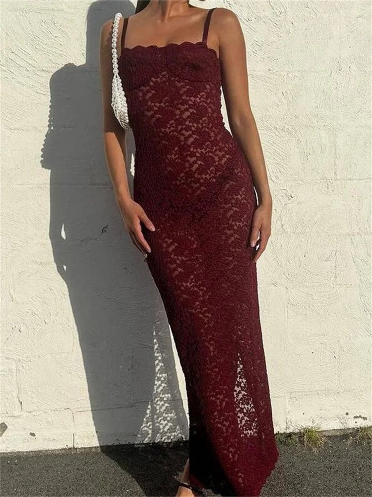 Sexy Women Lace Floral Long Dress Sexy Mesh See Through Sleeveless Strap Back Split Black Summer Maxi Dress