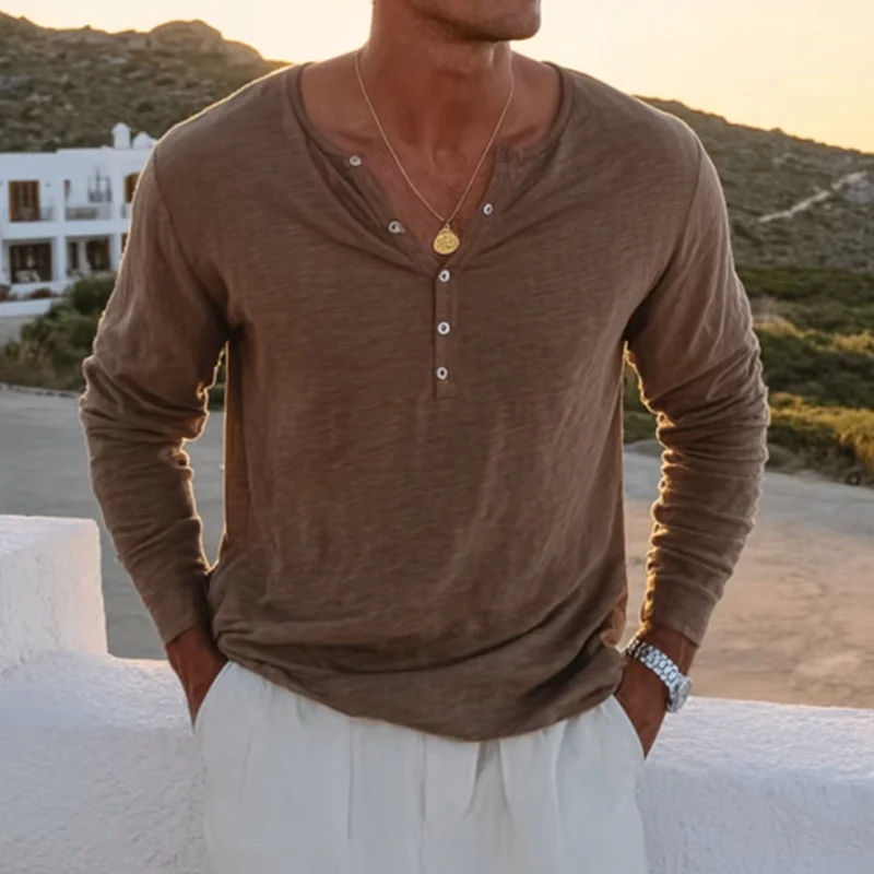  Stylish Henley Neck Long Sleeve Top for Men - Perfect for Casual and Outdoor Adventures-inspireuse