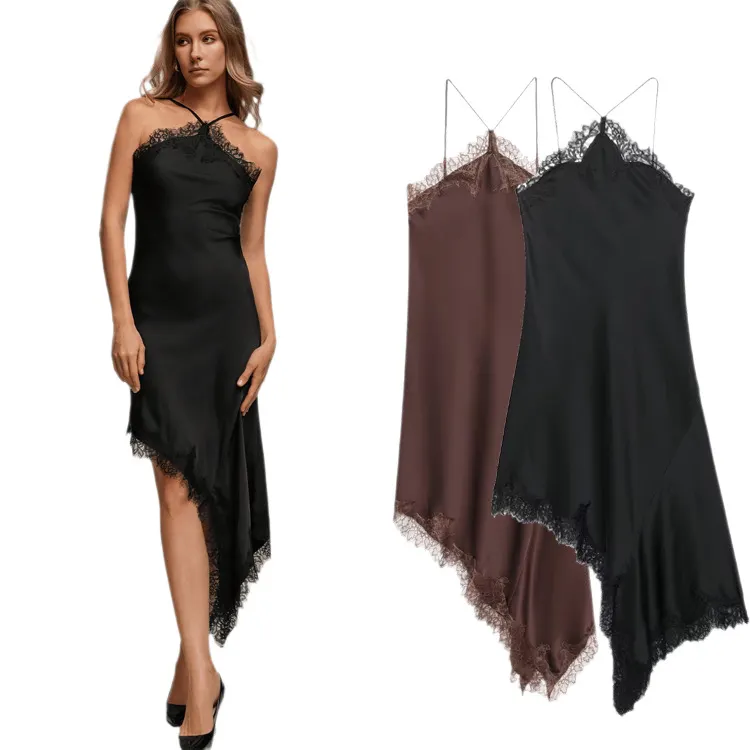 Solid Halter Cross Strap Lace Trim Open Back Irregular Midi Dress