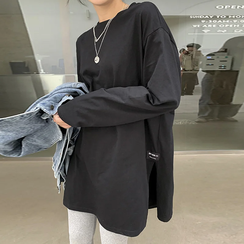 Uveng Uveng Style Small Shirt 2024 Autumn Dress New Women's Korean Version Of Pure Color Open Slit Long-Sleeved T-Shirt Female Jacket Bottom Shirt Tide