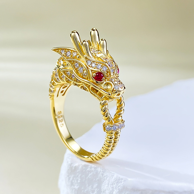 MIKAMU Jewelry S925 Silver Gold-Plated Majestic Dragon Head Ring - Symbolizing Strength and Power, Perfect for Year of the Dragon