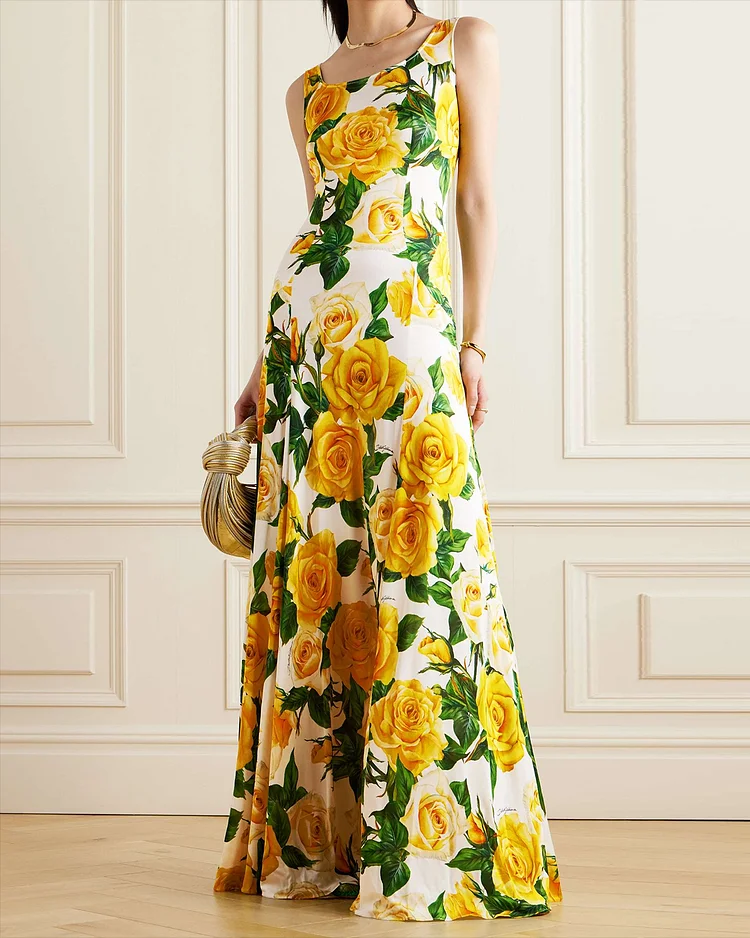 Women's Round Neck Sleeveless Rose Print Dress