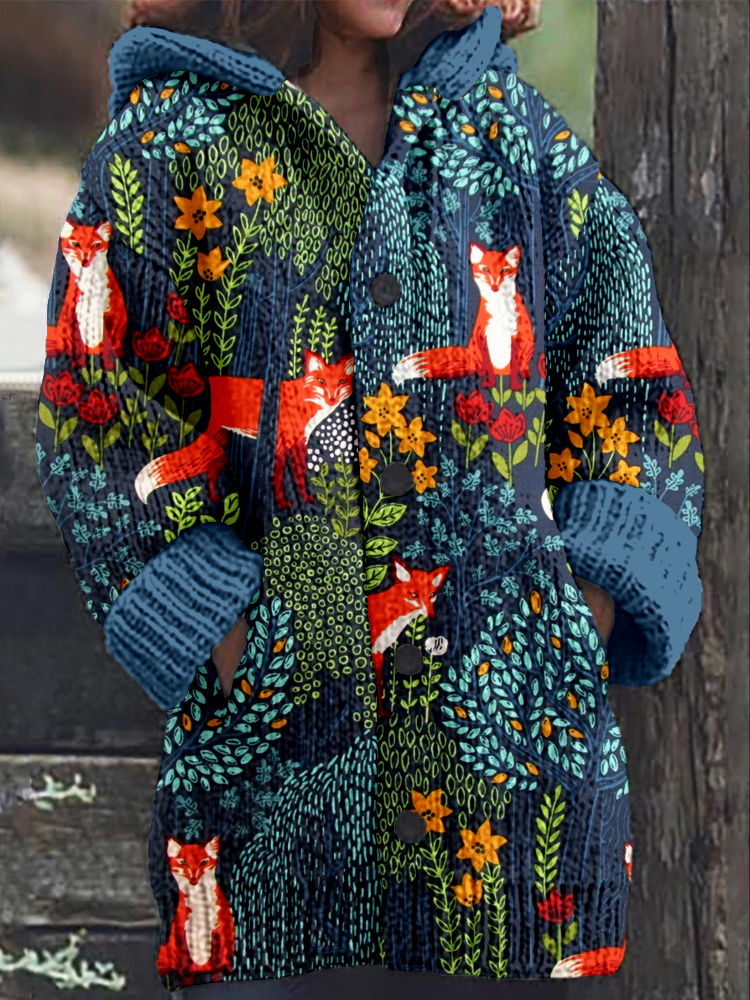 Fox in the Forest Graphic Cozy Hooded Cardigan wearshes