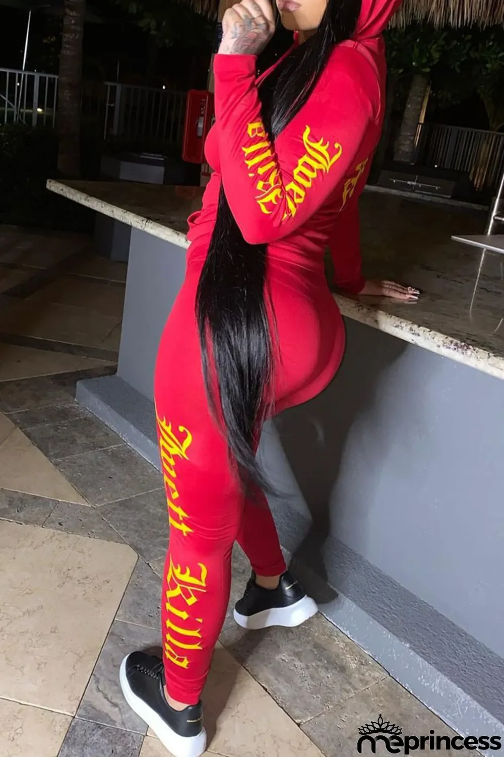 Red Fashion Sportswear Print Split Joint Hooded Collar Long Sleeve Two Pieces