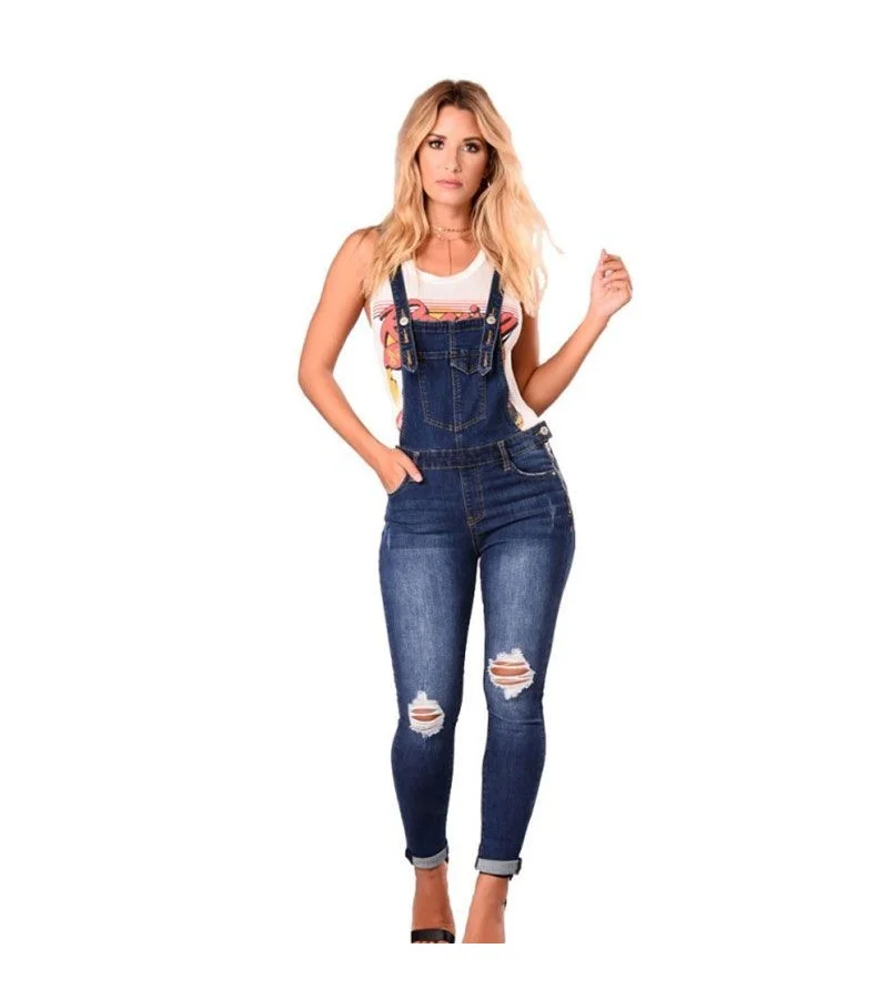 Women Street Style Ripped Design Suspender Jeans