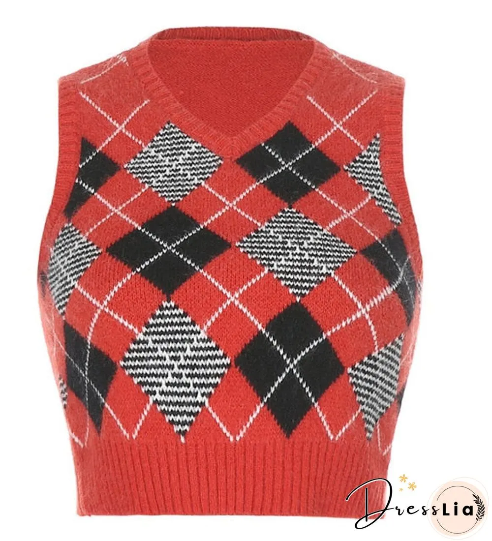 V Neck Vintage Argyle Sweater Vest Women Black Sleeveless Plaid Knitted Crop Sweaters Casual Autumn Preppy Style tops