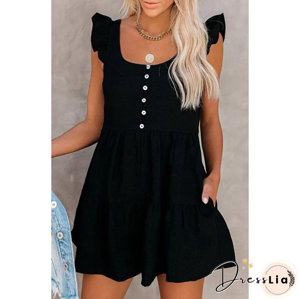 Summer Solid Sleeveless Button Decoration Jumpsuit Short Pants Outfits for Women Beach Wear Playsuit