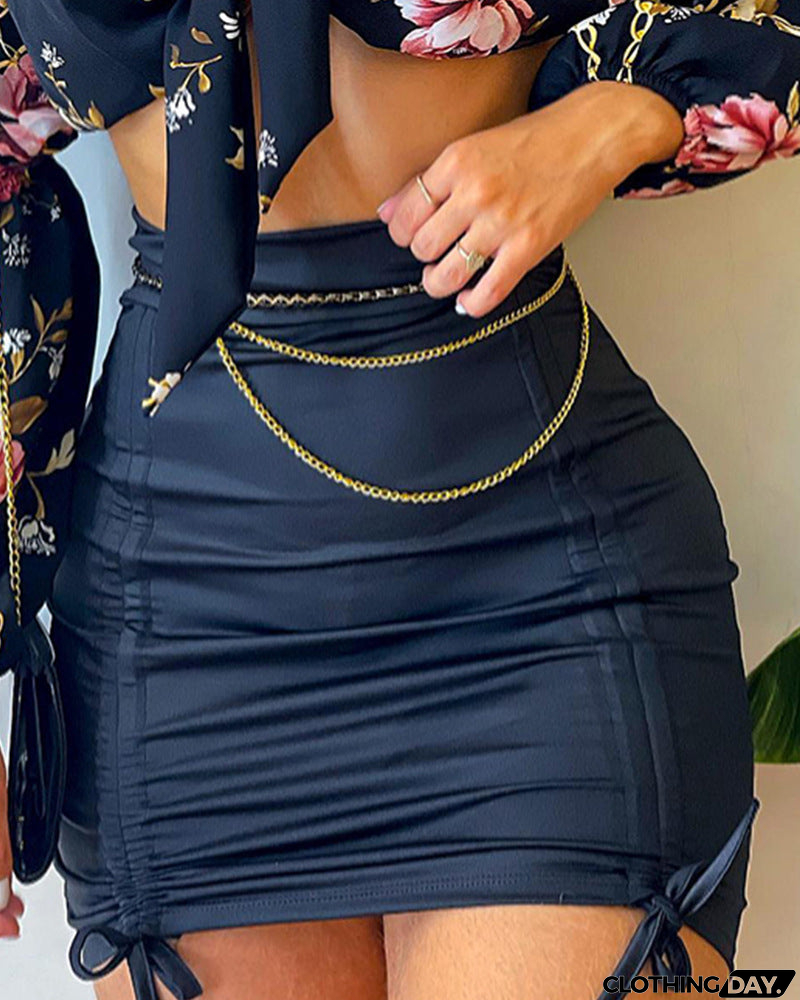 One-Shoulder Printed Long-Sleeve Two-Piece Suit