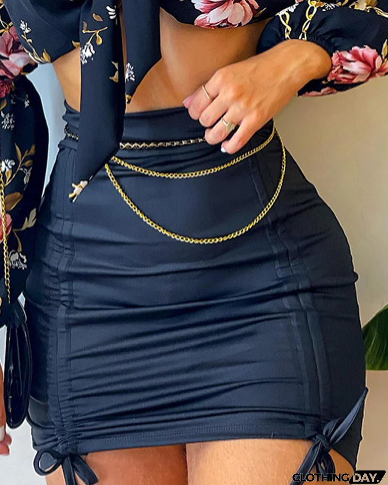 One-Shoulder Printed Long-Sleeve Two-Piece Suit