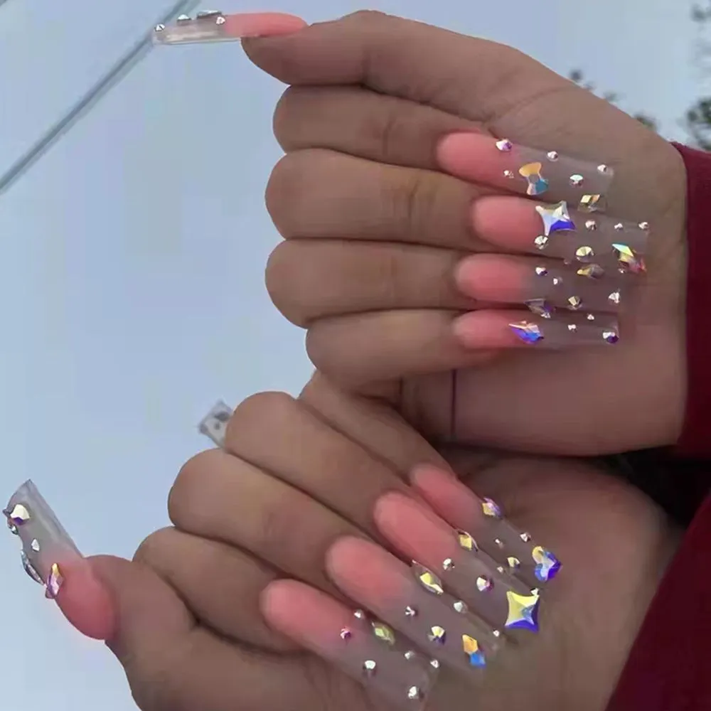 24Pcs Long Ballerina False Nail Love Pattern French Coffin Fake Nails Full Cover Wearable DIY Manicure Tools Press On Nails-Nail Inspo