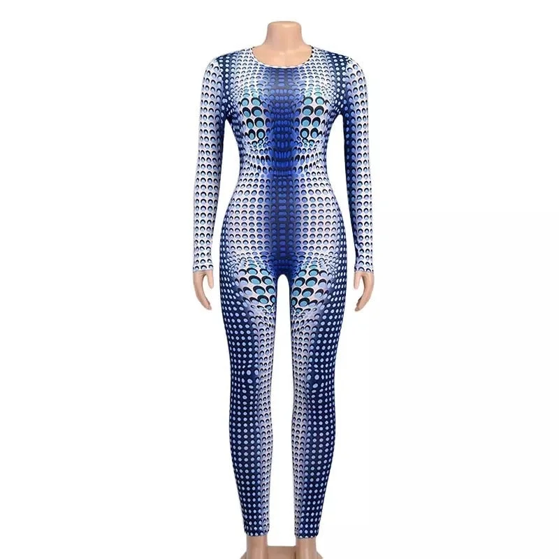 Printing Bodycon Long Sleeve Rompers Female jumpsuit Streetwear Blue Autumn Fashion One Piece Outfit Sportswear