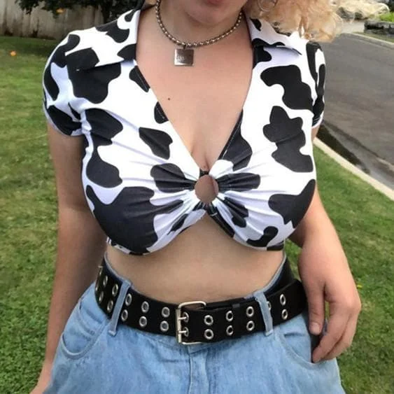 Ring Hollow Out Cow Prints Crop Top SP13692